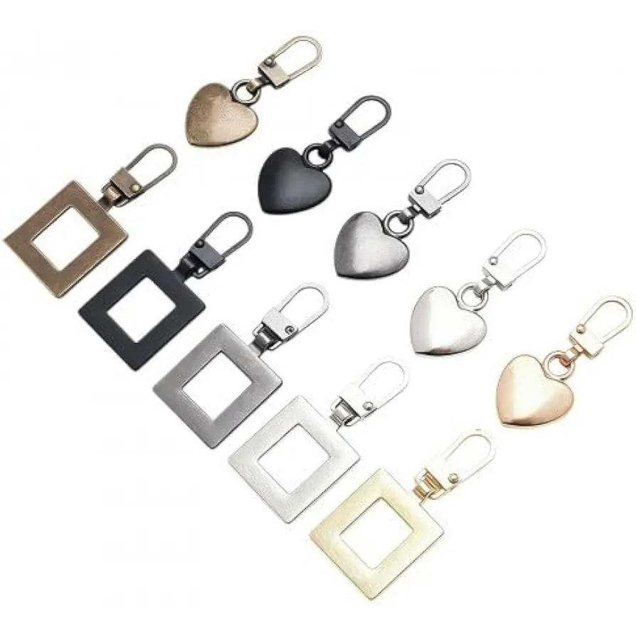 Conjunto de 10 Cremalleras Metálicas con Colgantes de Corazón y Cuadrado para Ropa y Accesorios