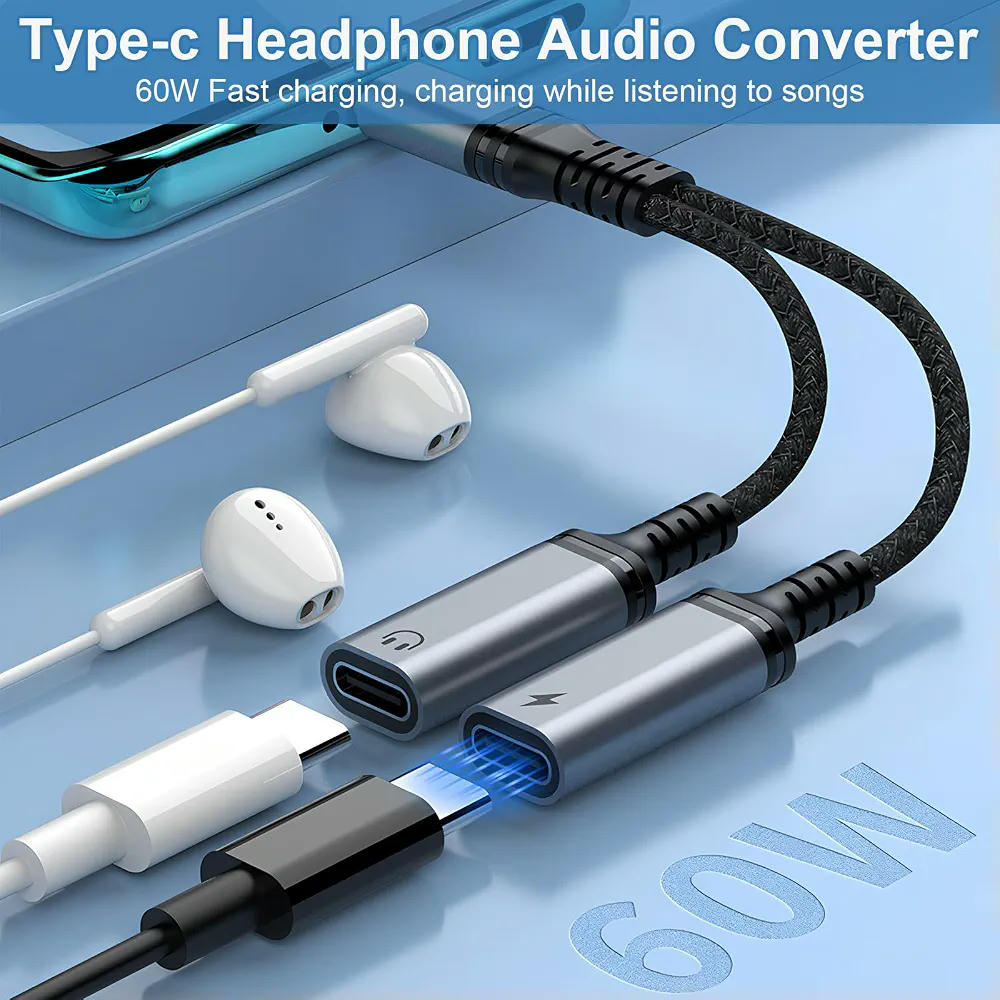 Adaptador 2 en 1 USB C a Jack de 3,5 mm y Carga Rápida - Compatible con Dispositivos de Audio y Carga