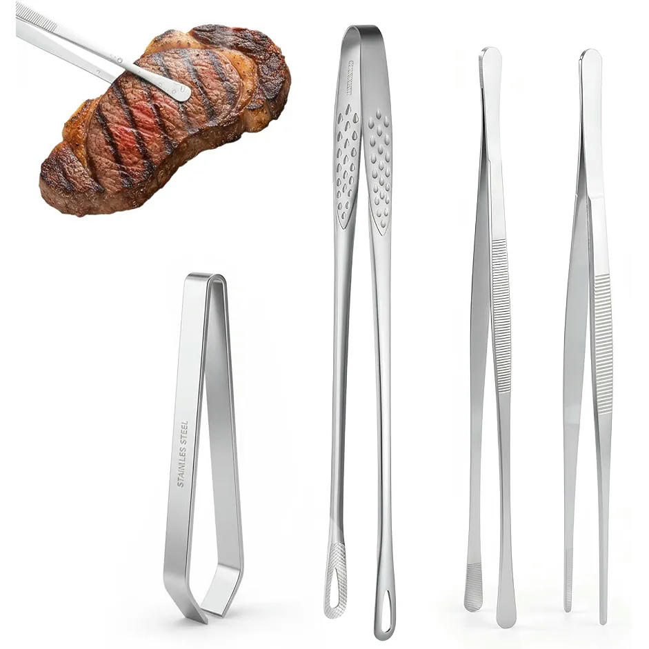 Set de 4 Pinzas de Cocina de Acero Inoxidable para Asar y Servir, Diferentes Tamaños y Usos, 11, 28, 30, 30 cm