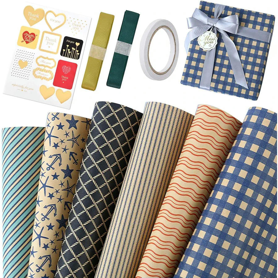 Papel de Regalo Kraft Reciclable con Cintas y Etiquetas, 6 Hojas 50x70cm, Ideal para Diversas Ocasiones (Multicolor)