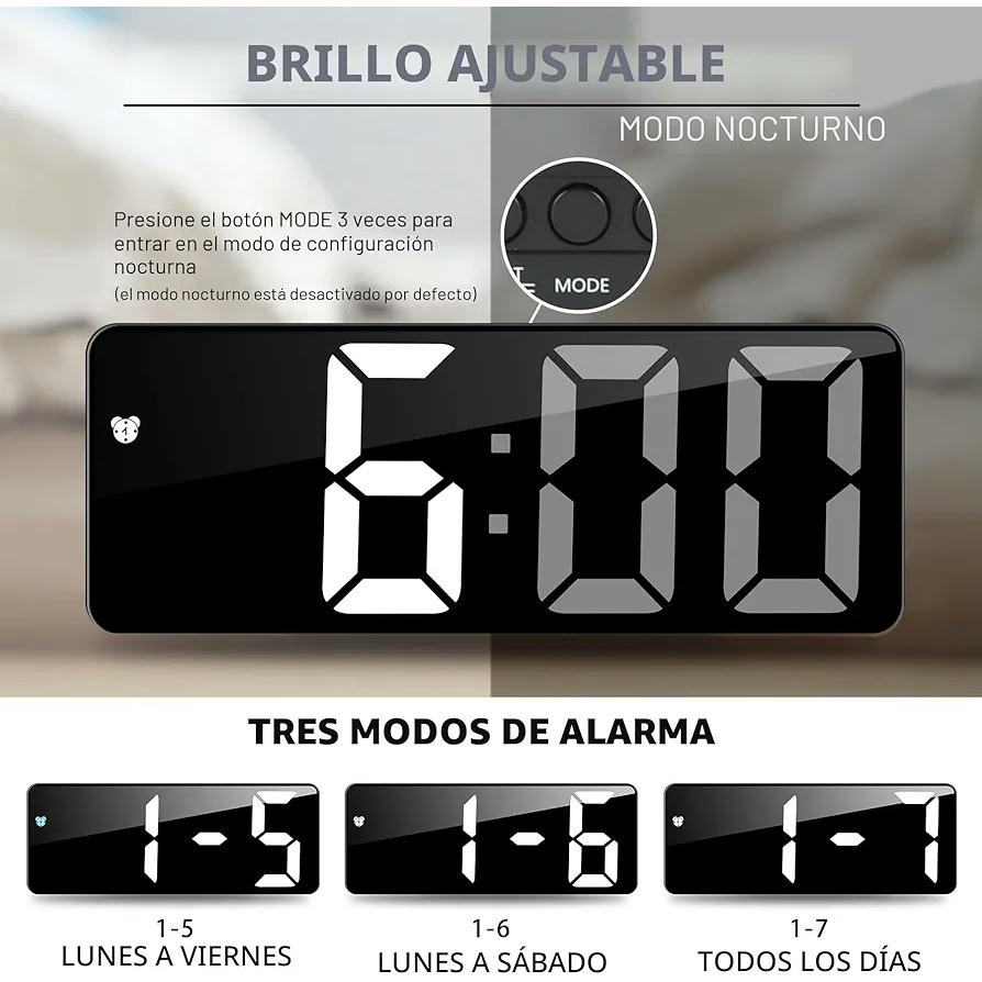 Reloj Despertador Digital con Pantalla LED Grande y Función de Alarma Activada por Sonido (Negro)