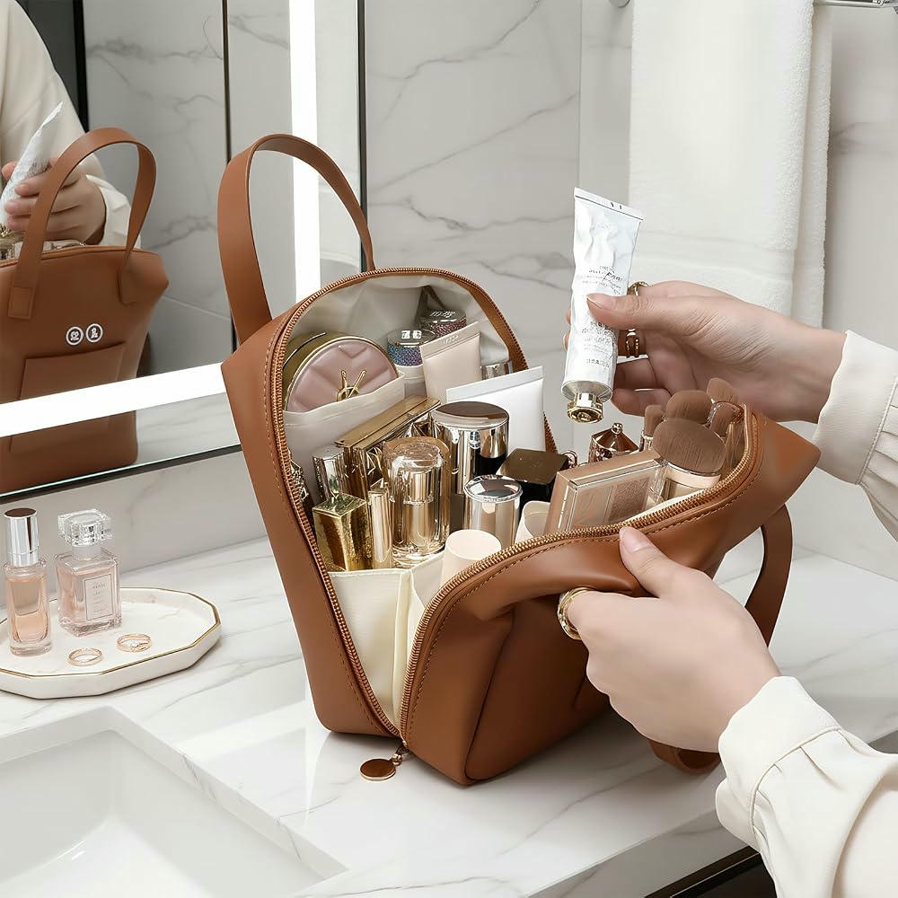 Neceser de Maquillaje para Mujer de Cuero PU con Asa y Compartimentos para Organización (Marrón)