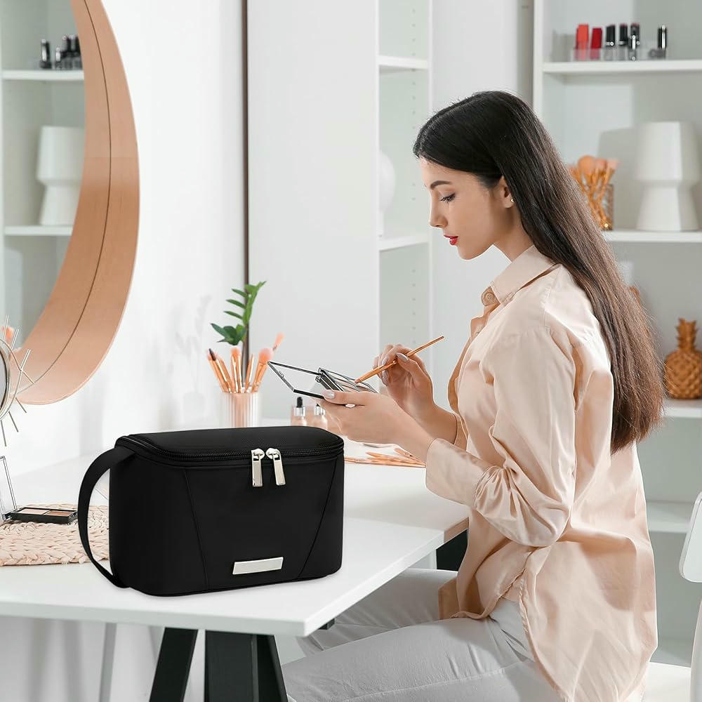 Bolsa de Cosméticos Impermeable para Mujer, Neceser de Maquillaje Ligero, Estuche Organizador con Abertura Ancha, Ideal para Viajes y Uso Diario (Negro)