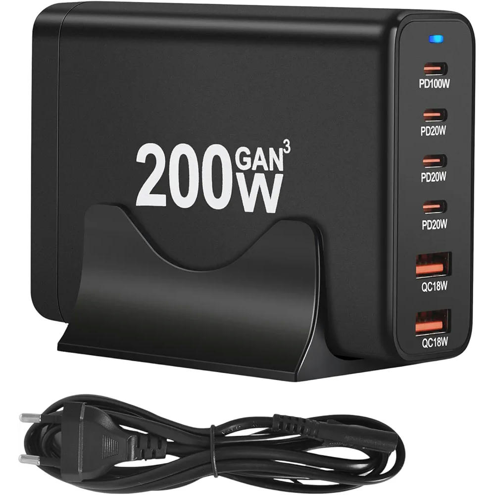 200 W USB C Charger with 6 Ports: 4 USB-C and 2 USB-A for Fast Charging (Black)