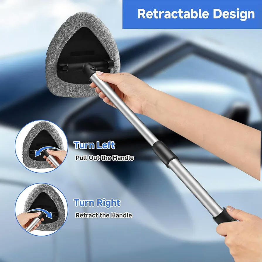 Cepillo para limpiar parabrisas de vehículo, con mango telescópico ajustable, cabezal giratorio y 3 almohadillas de microfibra reutilizables (Gris)