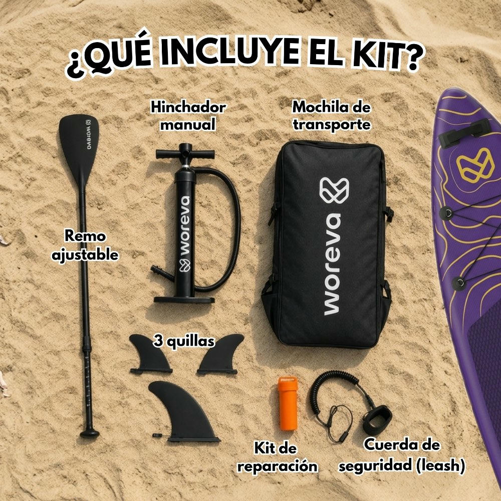 WOREVA VOLCANIC - Kit Paddle Surf Inflable 335cm | Tabla SUP Touring, Estable 3 quillas, Portable 3 asas, Ancho 84cm (hasta 160kg) | Pack con remo, inflador, mochila y más