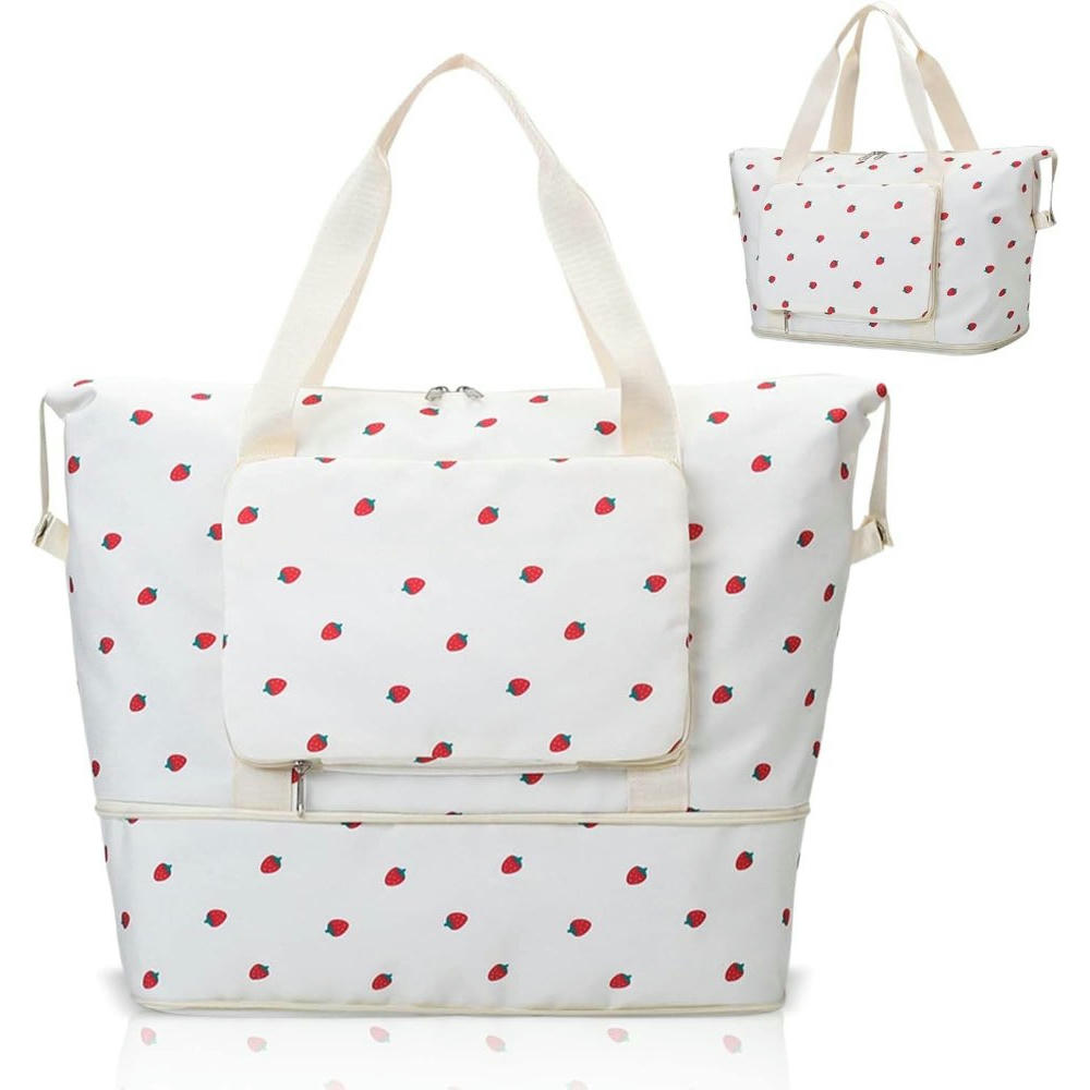Bolsa de viaje, camping, gimnasio, para mujer con bolsillo impermeable, ideal para gimnasio y fin de semana, capacidad 20-35 L (Beige con diseño de fresas)