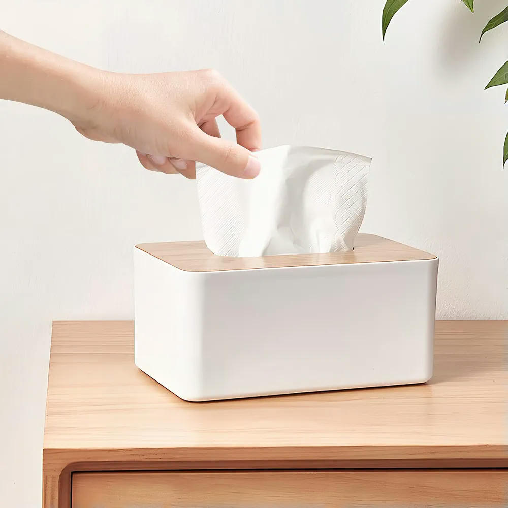 Caja de Pañuelos con Tapa de Madera de Bambú, Dispensador Rectangular para Toallitas 21 x 13 x 10 cm (Blanco)