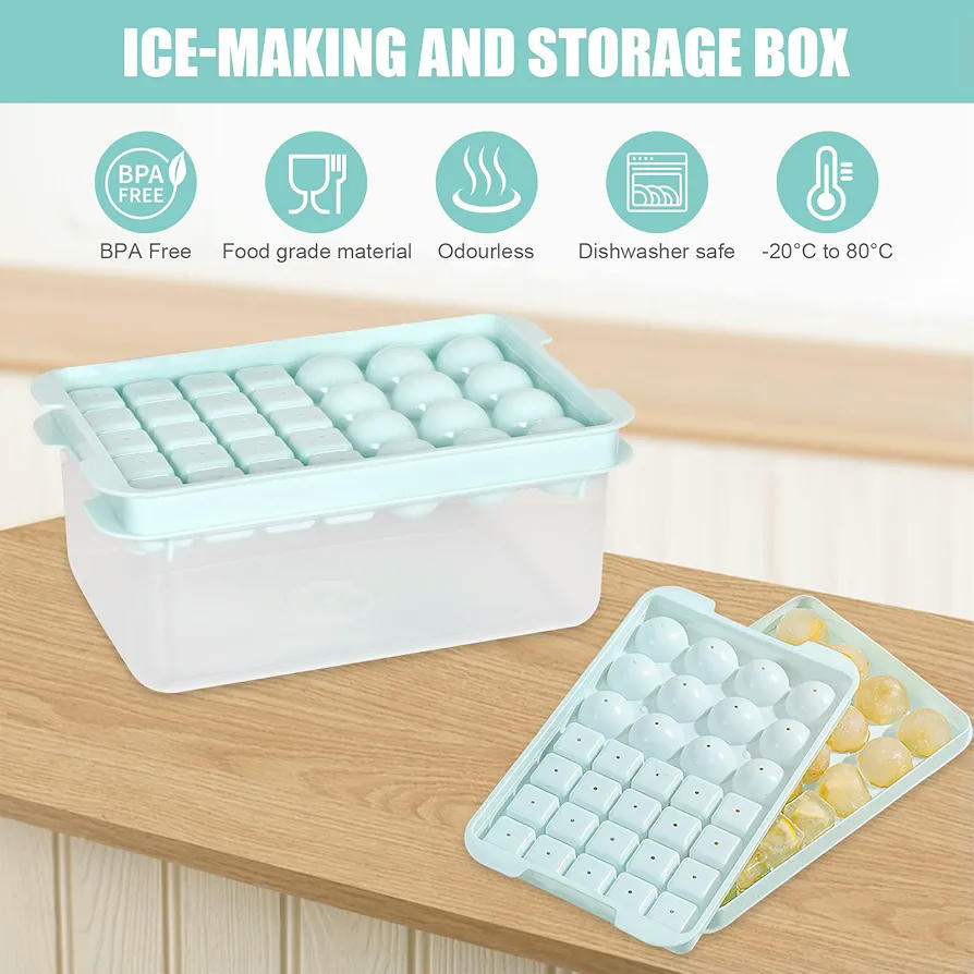 Bandeja para cubitos de hielo con tapa hermética, molde reutilizable para 32 cubitos, material alimentario, incluye pala y recipiente, ideal para bebidas y fiestas