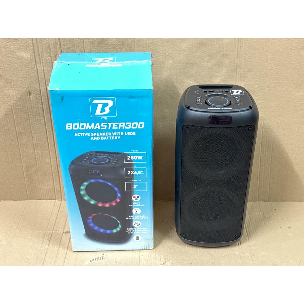 BoomTone DJ Boomaster 300 Altavoz Bluetooth luminoso LED portátil potente 250W, Altavoz Karaoke, Bluetooth inalámbrico, TWS, Recargable USB, sintonizador, lector USB/tarjeta SD.