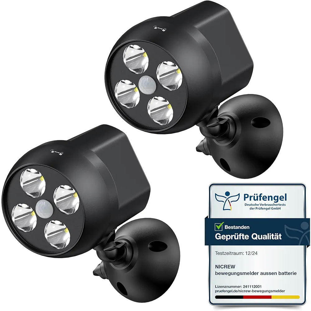 Paquete de 2 Apliques de Pared Exterior Sin Cables, Focos LED Con Sensor de Movimiento, Resistentes a la Intemperie, Batería, Iluminación para Exterior (Color Negro)