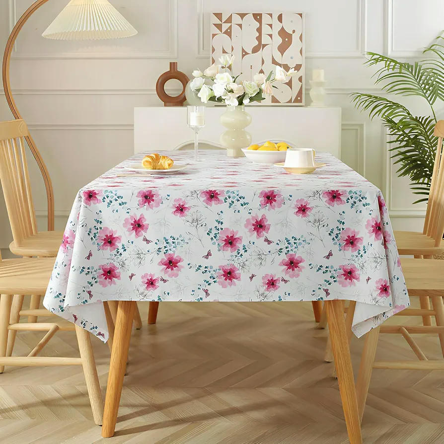 Mantel Rectangular de PVC, Resistente al Aceite y Fácil de Limpiar, 140 x 180 cm, Color Blanco Clásico con Motivos Florales Rosa