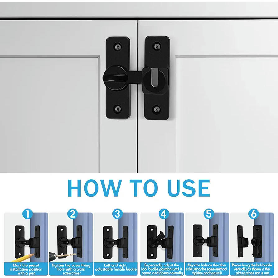 Pestillo de Puerta Corredera 2 Piezas, Cerradura de 90/180 Grados para Garaje, Baño y Gabinete, Aleación de Aluminio, Negro