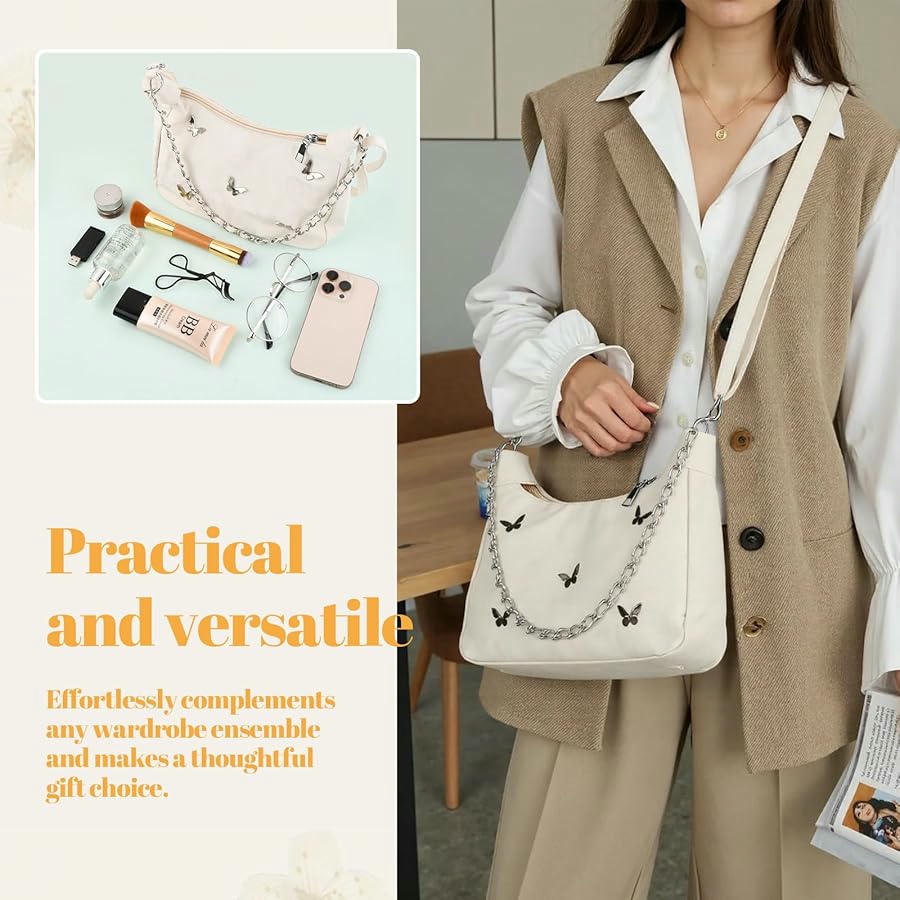 Bolso de Hombro para Mujer, Bandolera Plisada de Gran Capacidad con Lazo y Cadena (Blanco)