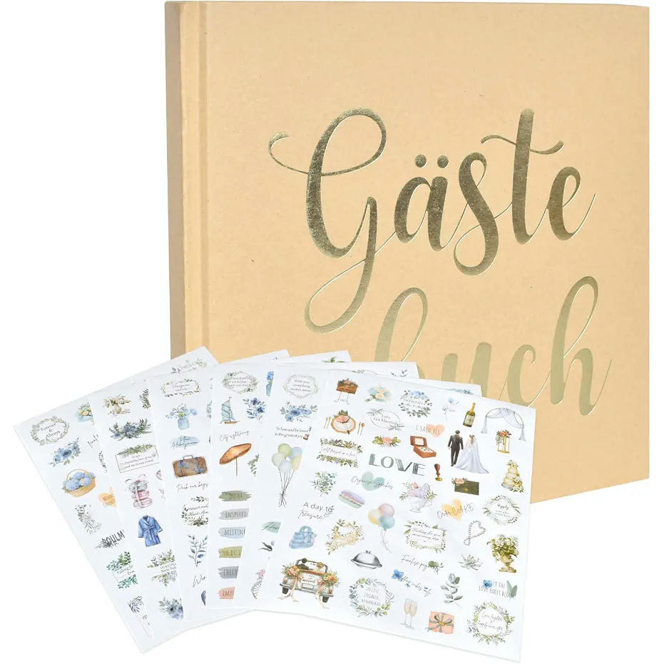 Wedding Guest Book with 144 Pages, 6 Sticker Sheets, Photo Album for Weddings and Celebrations, 21 x 21 cm (Brown)
