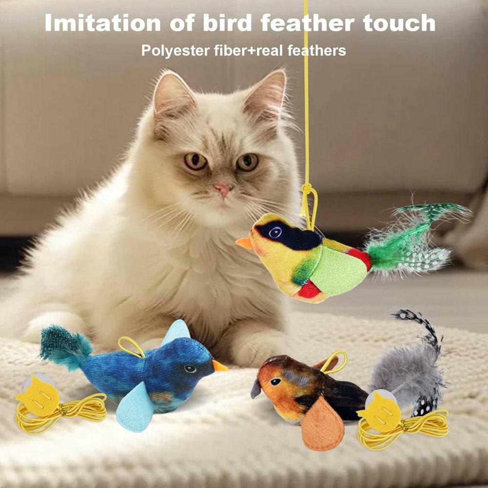 3 Piezas Juguete Interactivo para Gatos en Forma de Pájaro con Plumas y cuerda (Multicolor)