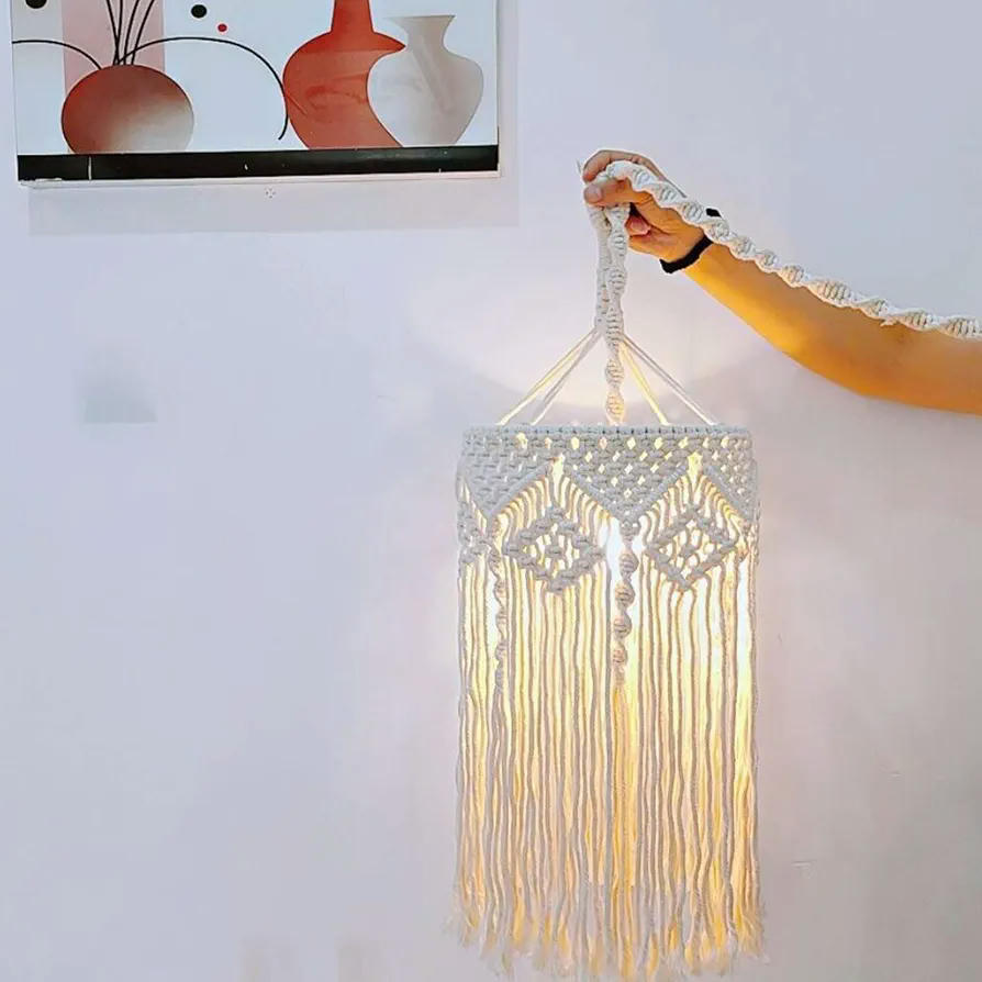 Elegante pantalla nórdica tejida a mano para colgar en la lámpara colgante, de algodón, iluminación decorativa (26 x 45 cm), Color Beige