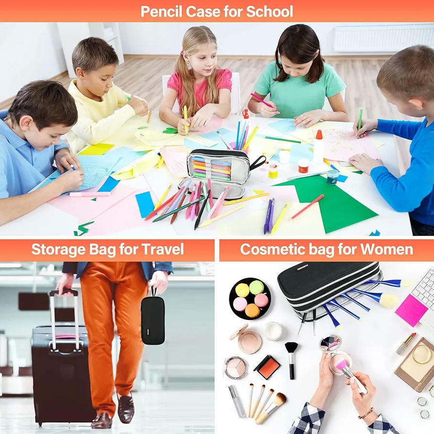 Estuche de gran capacidad con 3 compartimentos, bolsa multifuncional para almacenamiento de artículos escolares, tamaño 22 x 12 x 4 cm, color negro