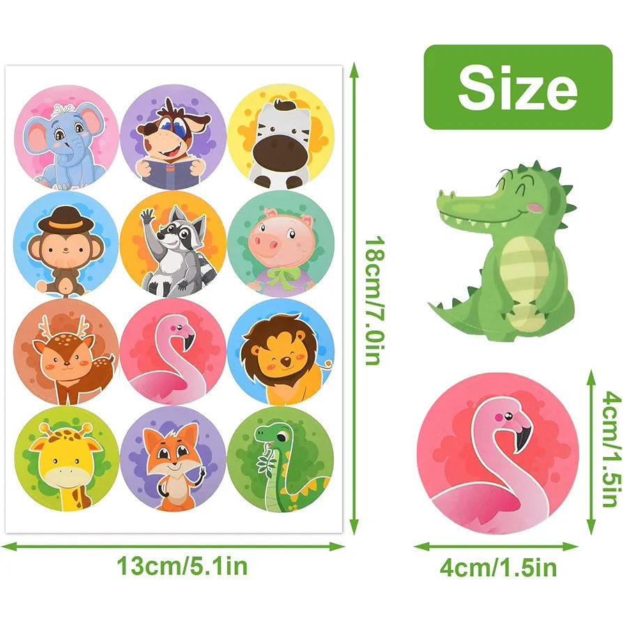 Conjunt de 144 Adhesius d'Animals, Adhesius Rodons Gomets de Recompensa per a Nens, Ideal per a Decorar Llibres, Targetes i Sobrets