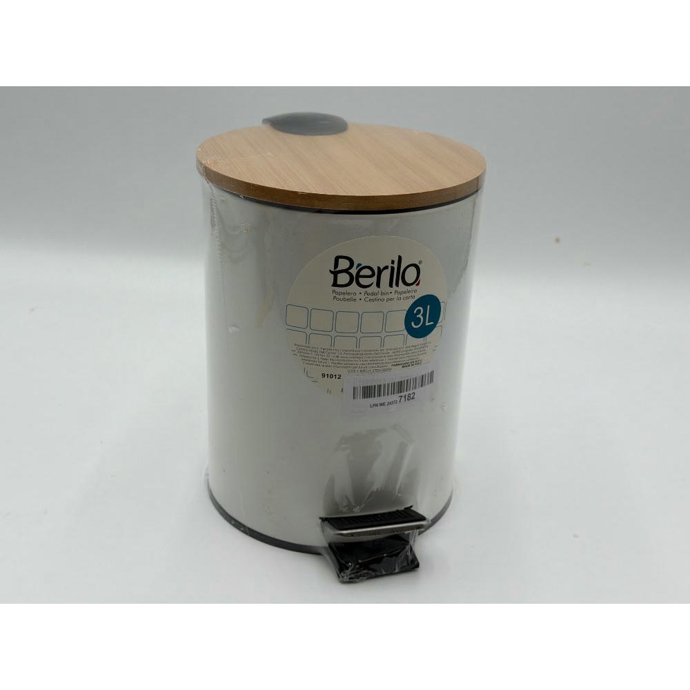 TIENDA EURASIA - Papelera de Metal con Tapa de Bambu, 3L, 17x22,5x23,5 cm, Cubo de Basura Pequeño con Pedal, Asa para Transportar, Metal y Bambu, para Baño, Cocina o Escritorio (Papelera Blanco)