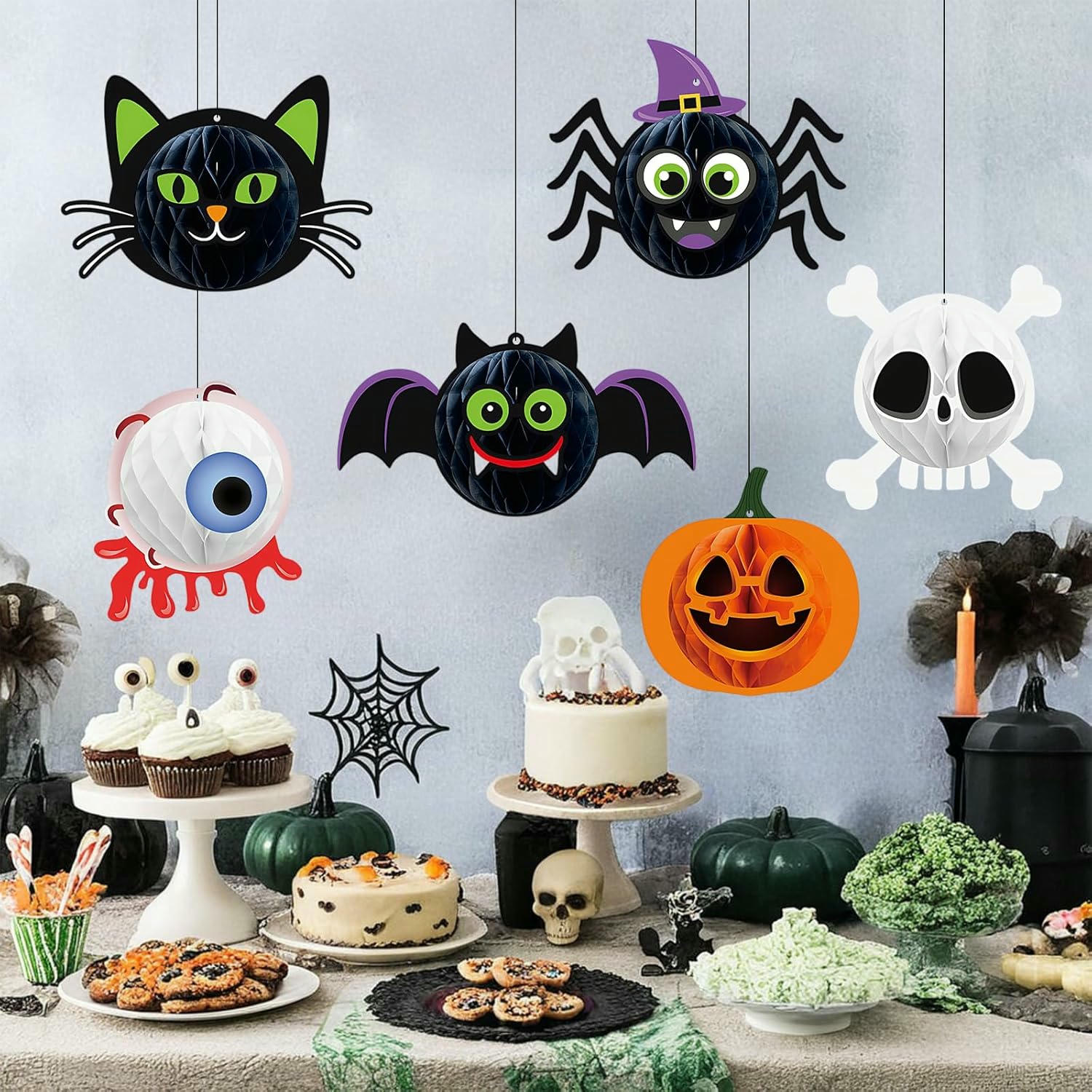 Adornos de Panal de Halloween, Decoraciones Colgantes de Papel, Set de 6 Piezas con Calabazas, Murciélagos y Arañas para Fiestas y Decoraciones