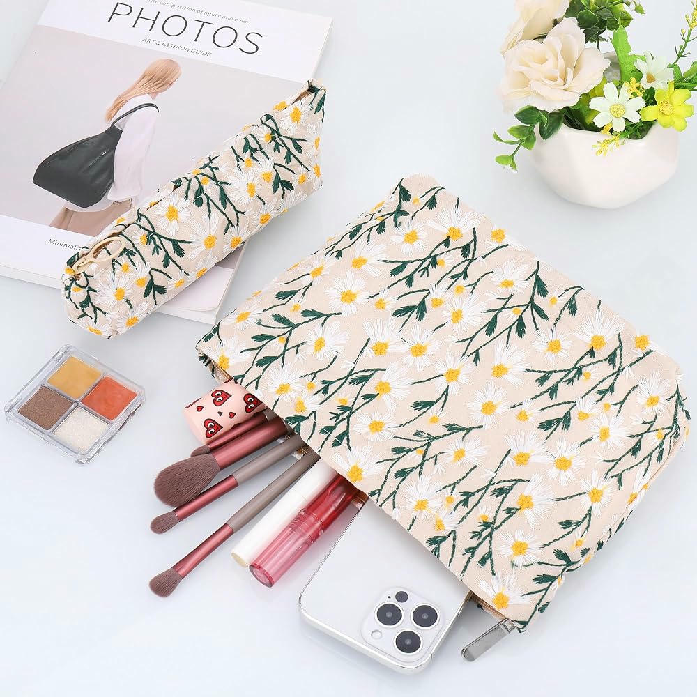 Neceser de Maquillaje Portátil - 2 Piezas, Organizador Multifuncional para Cosméticos (Color Beige con motivos florales)