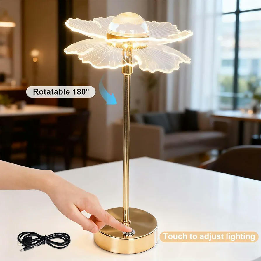 Lámpara de mesa recargable por USB, diseño nórdico minimalista, luz nocturna con atenuación, ideal para dormitorio o escritorio, color dorado, 39.5 cm de largo