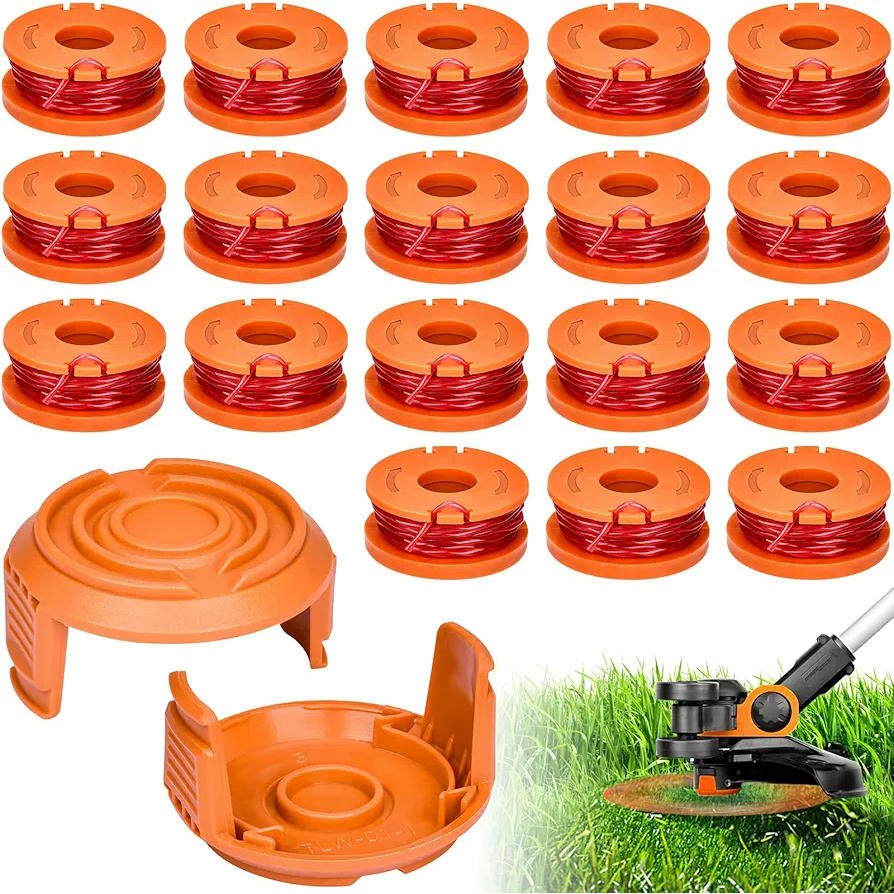 18 Bobinas de Hilo + 4 Tapas Compatible con Cortabordes Worx, 3m Longitud, 1.65mm de diámetro, Carrete y Cubiertas Incluidas