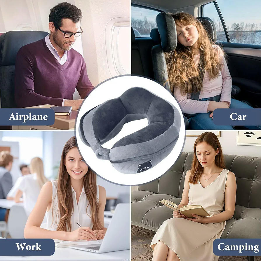 Almohada Cervical de Memory Foam en Forma de U para Viajes, Coche, Trabajo y Siestas Cómodas (Gris)