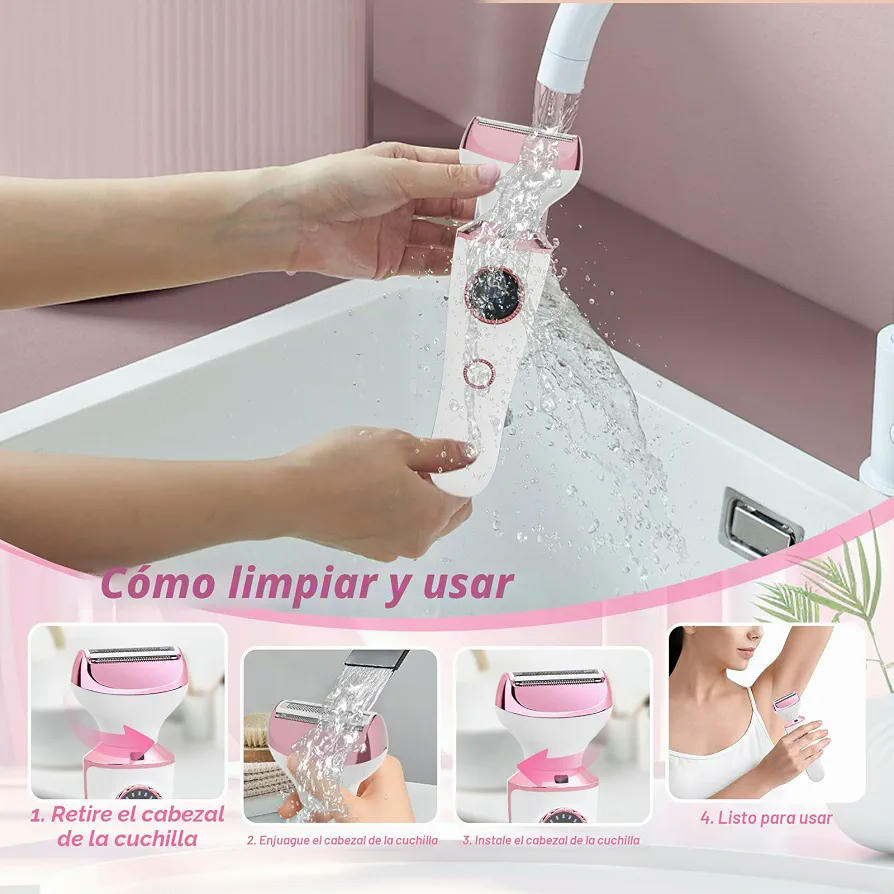 Depiladora Eléctrica 4 en 1 para Mujer, Maquinilla de Afeitar con Cuchillas Intercambiables y Carga USB (Rosa)