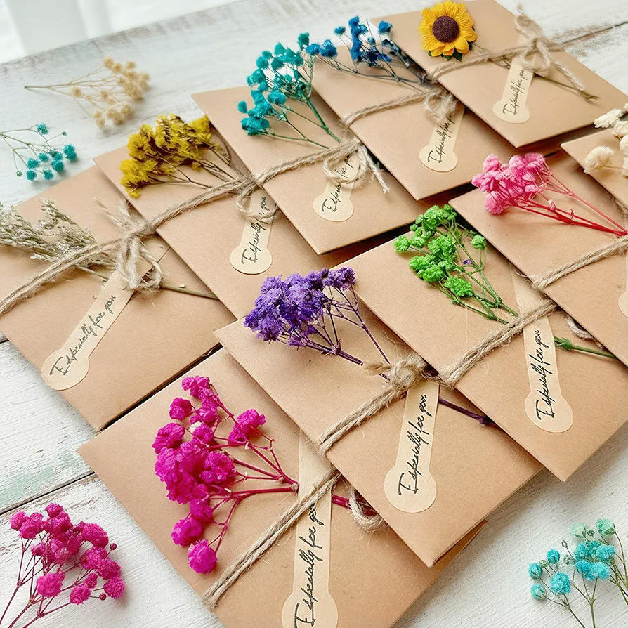 10 Tarjetas de Felicitación con Flores Secas Multicolores y Sobres Marrones para Todas las Ocasiones