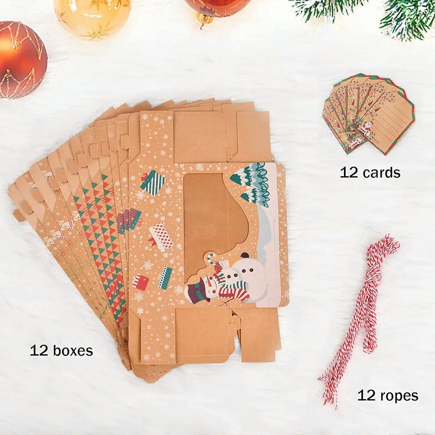 Caja de galletas de Navidad, 12 piezas, diseño variado, ideal para regalo, 100% segura para alimentos, adecuada para dulces y pasteles, papel kraft biodegradable