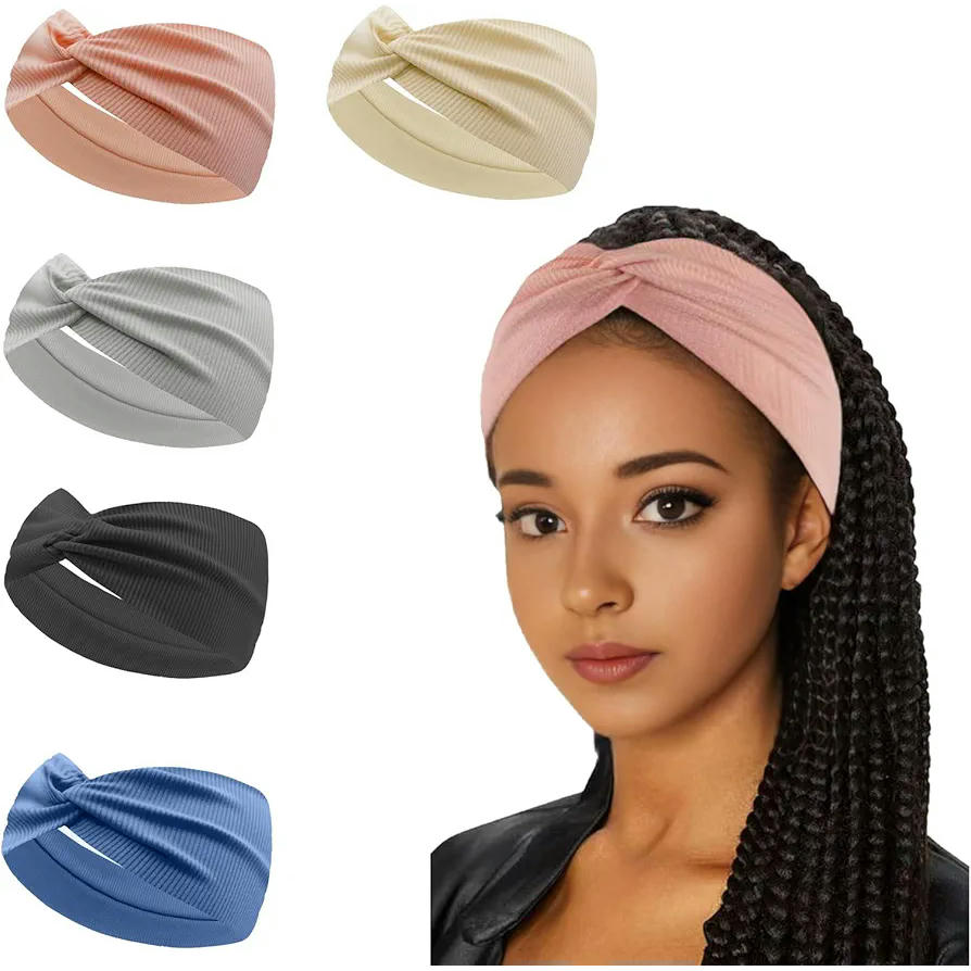 Turbante Elástico Paquete de 5 unidades, Diademas Anchas para Mujer, Cintas de Pelo Suaves para Yoga y Ejercicio, Colores Variados Blanco Roto, Azul Marino, Gris Claro, Gris Oscuro, Rosa (Multicolor)