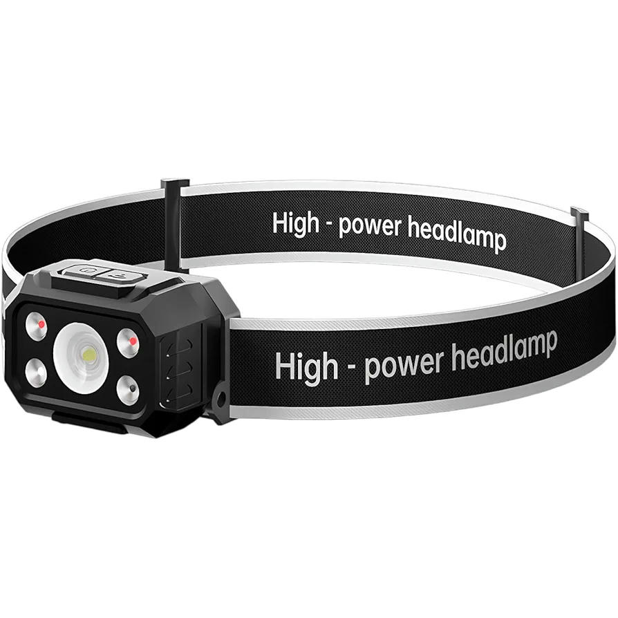 Linterna Frontal LED Recargable Impermeable con Sensor de Movimiento y Luces de Advertencia Rojas (Negro)