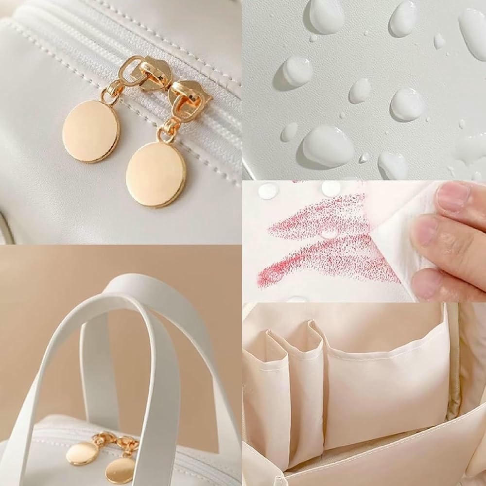 Neceser de maquillaje multifuncional de piel sintética con asa - Organizador de viaje para mujer (Blanco)