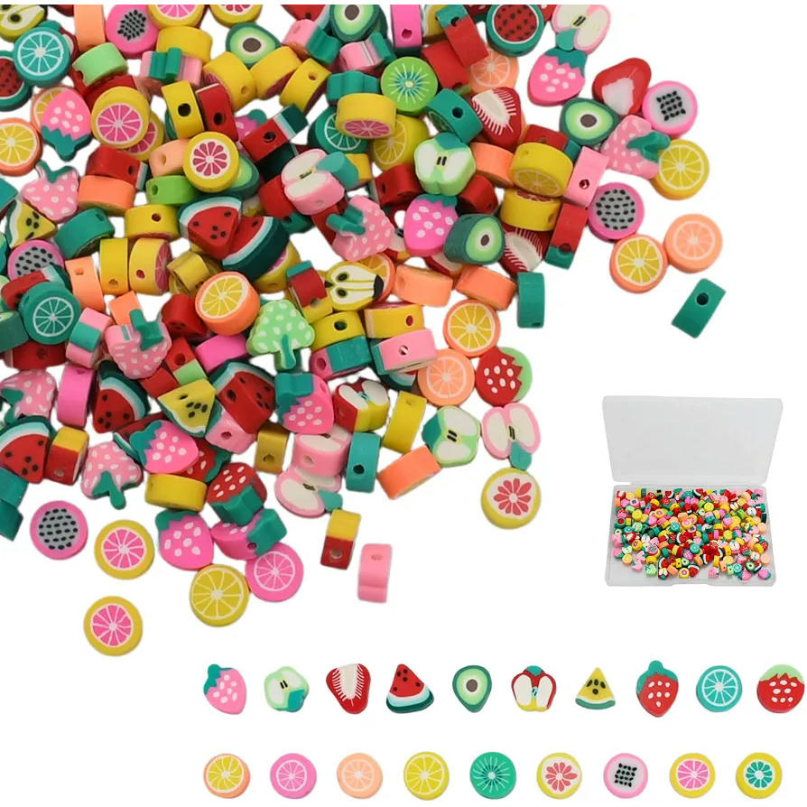 Cuentas DIY de Cerámica Suave, 200 Piezas de 7-10 mm, Colores de Frutas, Ideal para Pulseras y Collares, Incluye Caja de Almacenamiento (Multicolor)