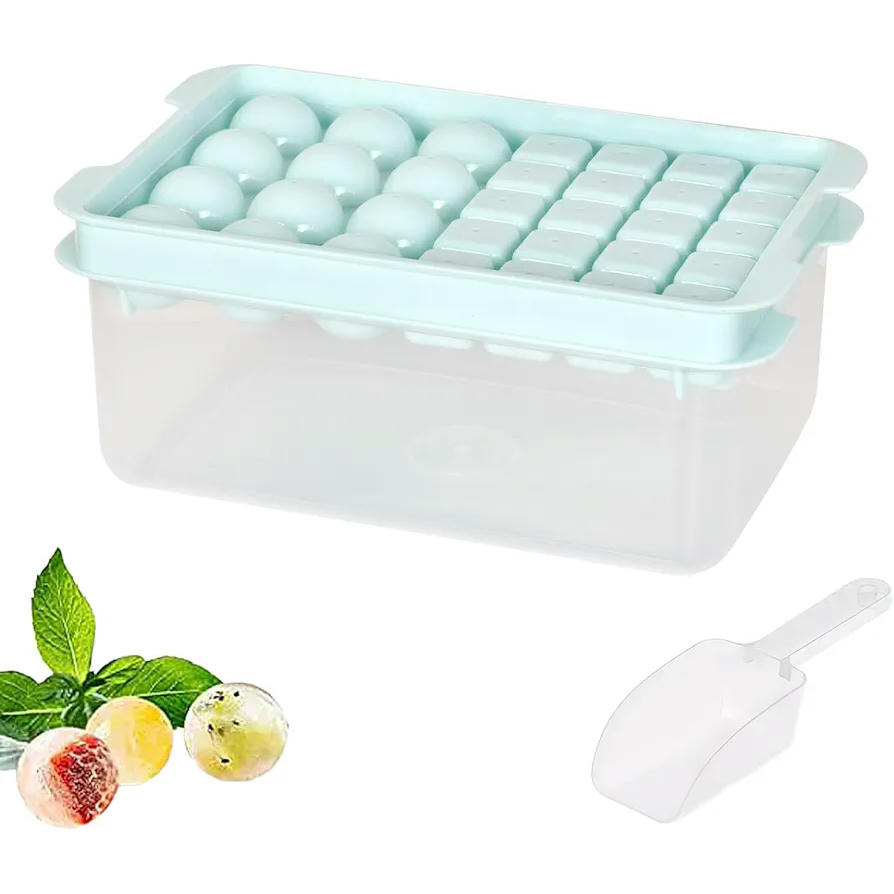 Bandeja para cubitos de hielo con tapa hermética, molde reutilizable para 32 cubitos, material alimentario, incluye pala y recipiente, ideal para bebidas y fiestas