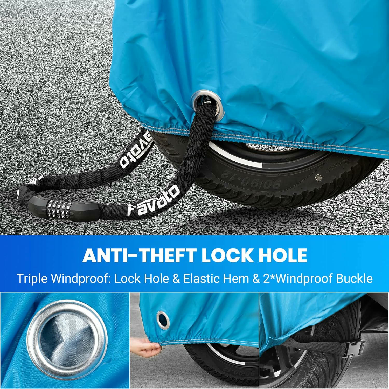 Favoto Funda para Moto Cubierta de Moto 210D Impermeable Protectora con Banda Reflectante a Prueba de Sol Lluvia Polvo Viento Nieve Excremento de Pájaro al Aire Libre, 220x105x125cm Negro+Azul