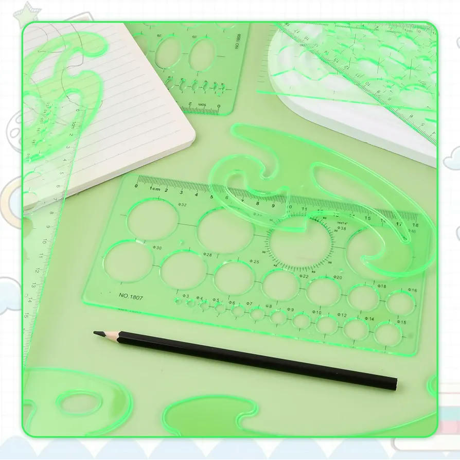 4 Piezas de Plantillas de Dibujo Geométrico para Medición y Diseño Artístico (Verde)