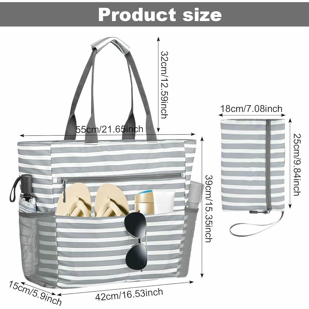 Bolsa de Playa Grande con Cremallera para Mujer, Shopper Multifuncional, Bolso de Lona con Asas para Playa, Piscina, Gimnasio y Viajes, Color Gris