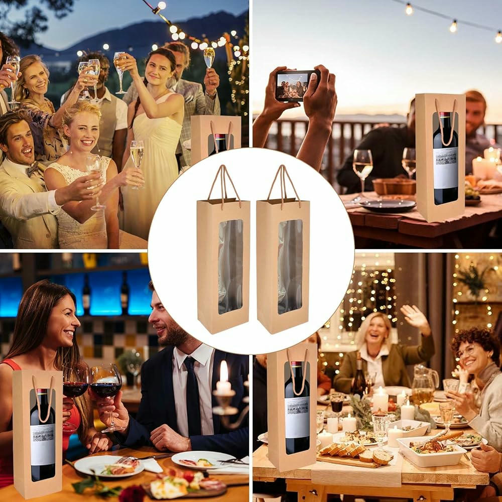 Bolsas de Vino de Papel Kraft Premium con Asas - 12 Piezas, Embalaje para Botellas, Ideal para Navidad, Bodas y Fiestas, Color Marrón