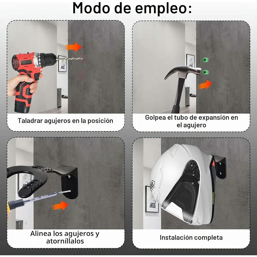 Soporte de Pared para Cascos de Motocicleta, Set de 4 Piezas, Color Negro, Durable y Fácil de Instalar
