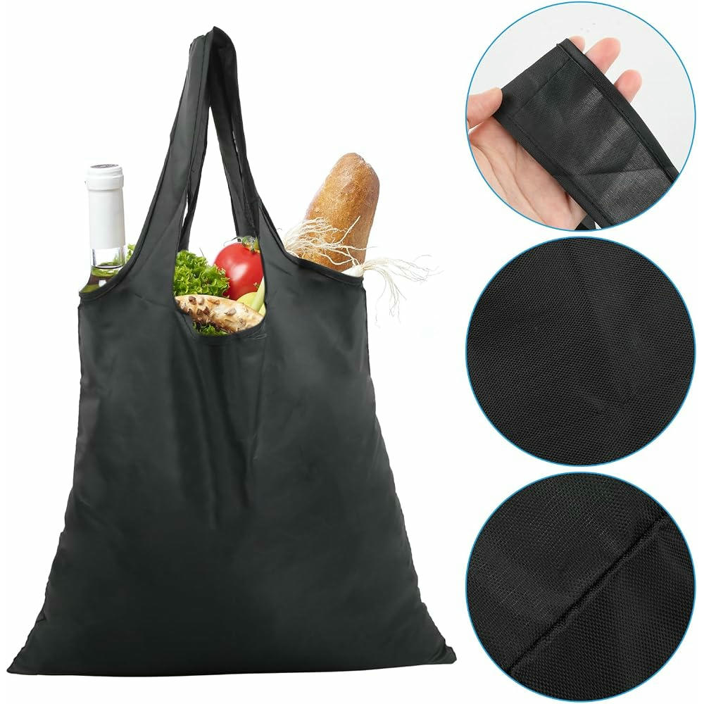 Bolsa Plegable Reutilizable de Tela Oxford, Paquete de 4 Unidades, Tamaño Expandido de 48x36.5 cm, Ideal para Compras y Viajes (Negro)