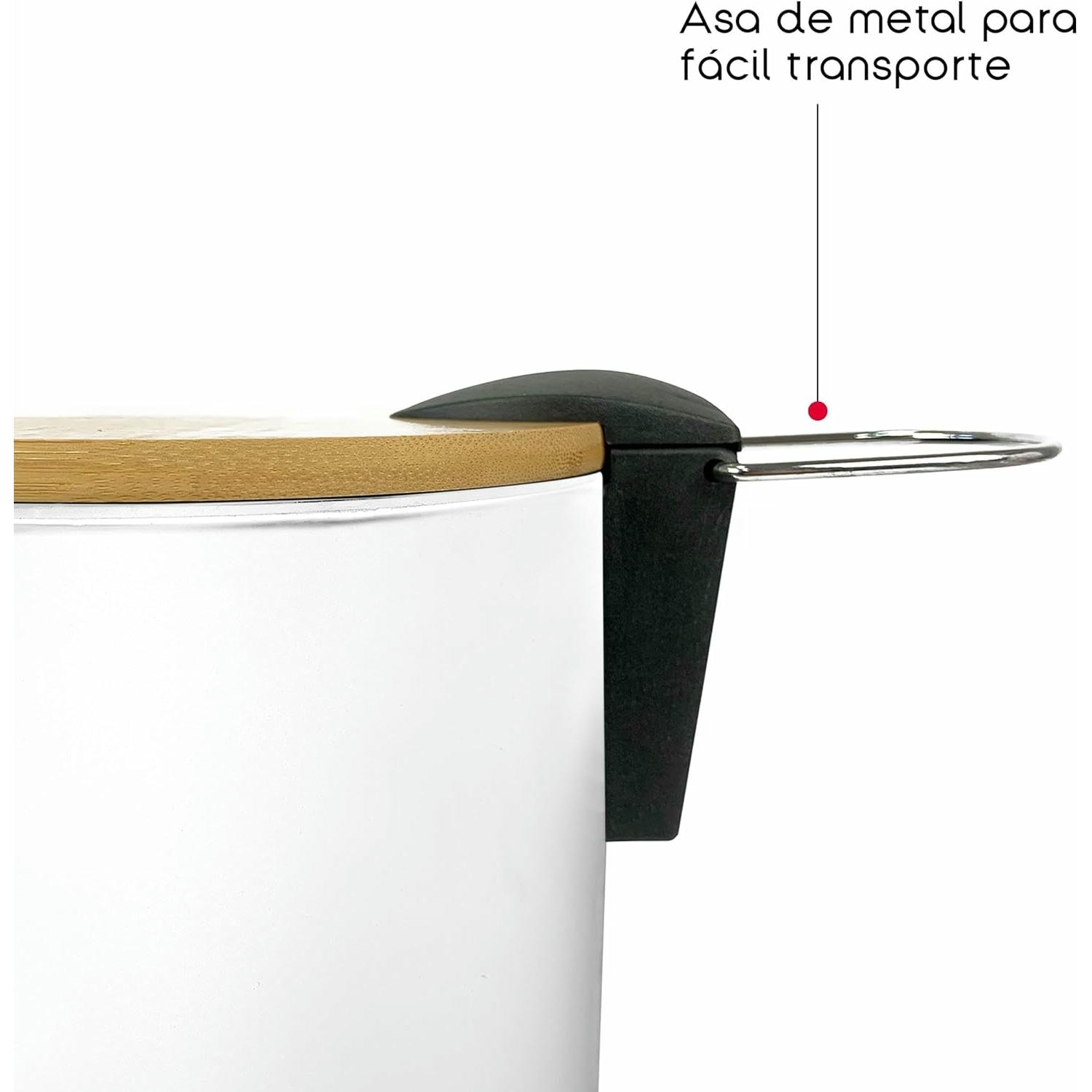 TIENDA EURASIA - Papelera de Metal con Tapa de Bambu, 3L, 17x22,5x23,5 cm, Cubo de Basura Pequeño con Pedal, Asa para Transportar, Metal y Bambu, para Baño, Cocina o Escritorio (Papelera Blanco)