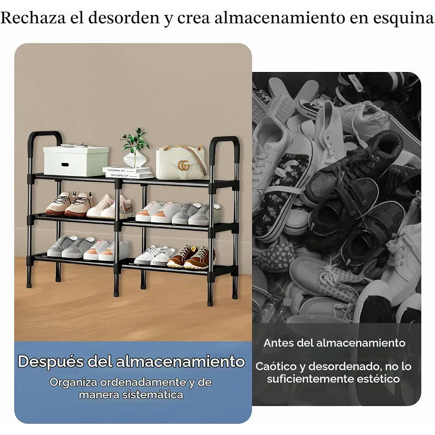 Zapatero de Metal de 3 Niveles - Estantería Compacta para 32 Pares, 90 x 62 x 26 cm (Negro)
