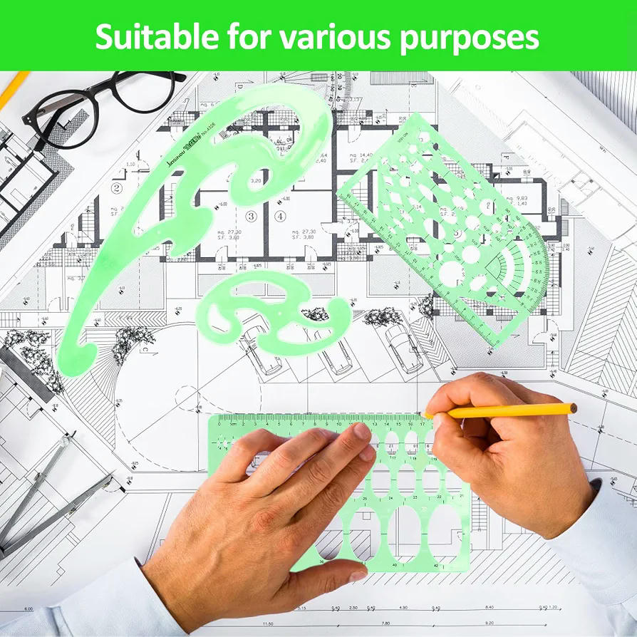 4 Piezas de Plantillas de Dibujo Geométrico para Medición y Diseño Artístico (Verde)