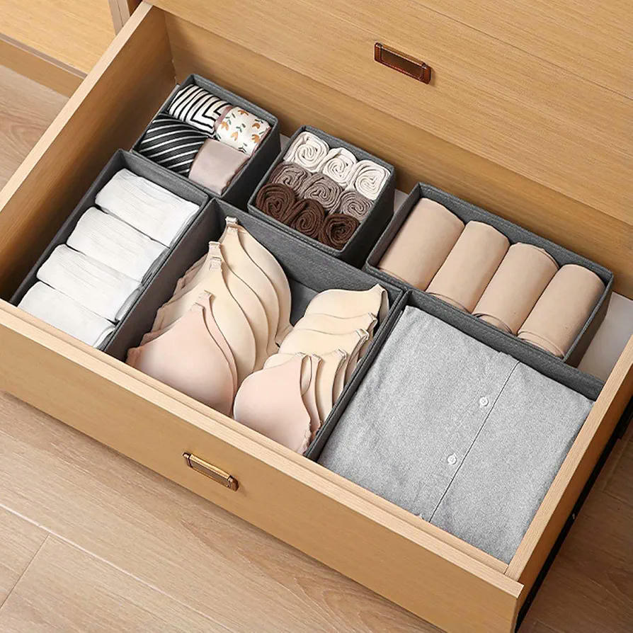 Cajas de Almacenamiento de Tela Plegables para Armario, Juego de 6 Organizadores de Ropa para Cajones, Ideal para Ropa Interior, Calcetines y Corbatas