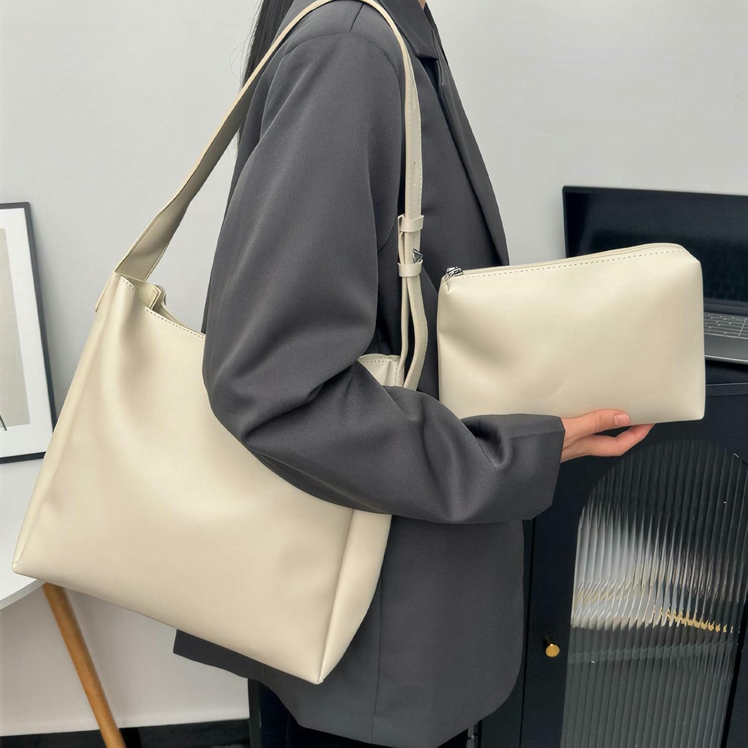 Bossa de mà per a dona, bossa de cuir sintètic gran amb corretja ajustable, 2 organitzadors de bossa i bossa, nansa superior per a la feina, l'escola, viatges, compres, color marró