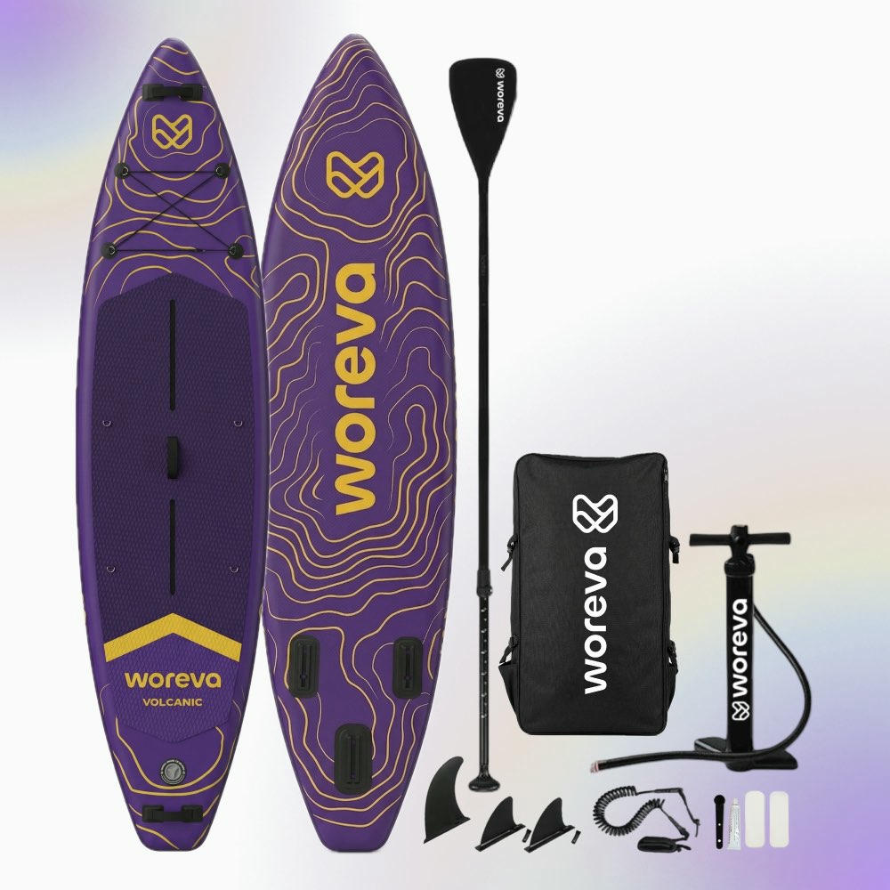 WOREVA VOLCANIC - Kit Paddle Surf Inflable 335cm | Tabla SUP Touring, Estable 3 quillas, Portable 3 asas, Ancho 84cm (hasta 160kg) | Pack con remo, inflador, mochila y más