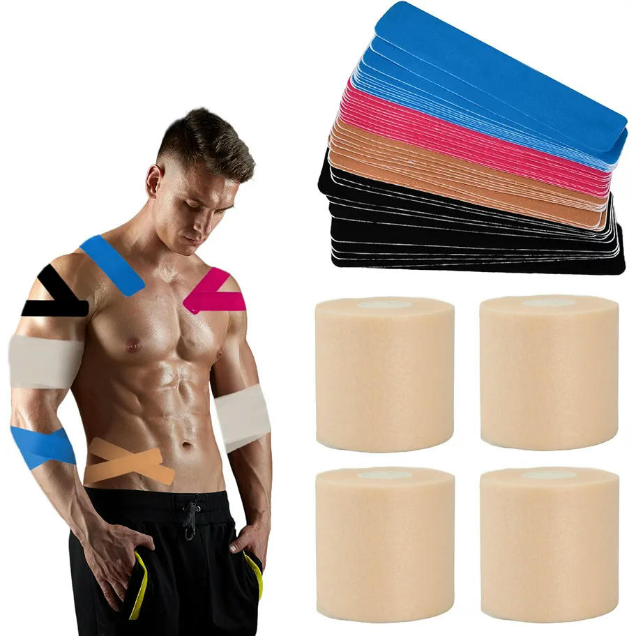4 Rollos de Vendaje Deportivo con 40 Piezas de Cinta de Kinesiología Impermeable y Elástica para Soporte Muscular (Multicolor)